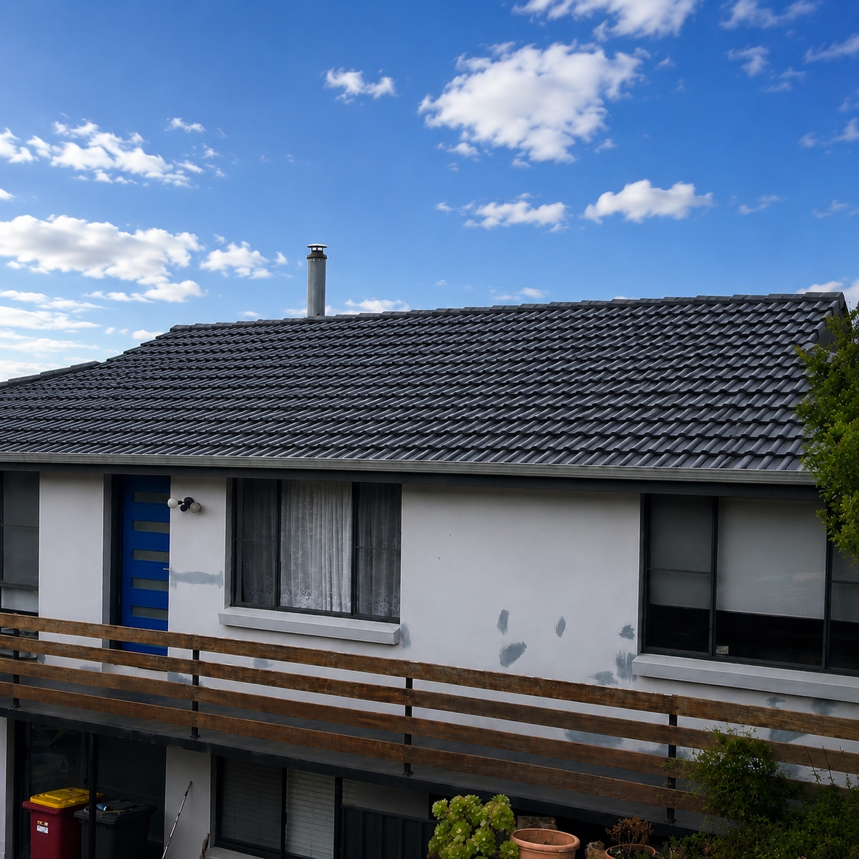 Restored tile roof with fresh charcoal coating