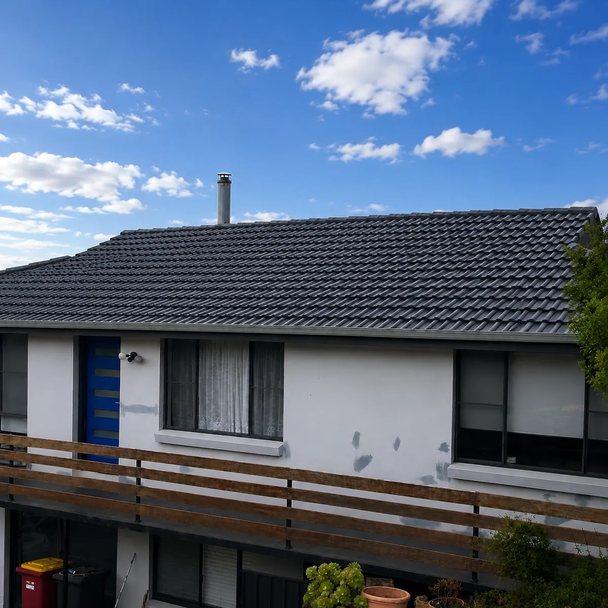 Restored tile roof with fresh charcoal coating